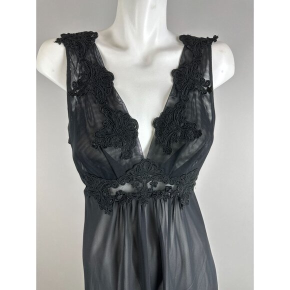 Vtg 90s Y2k Flora Nikrooz Black Semi Sheer Lace Ties Nylon Nightgown Size Large - Picture 2 of 6